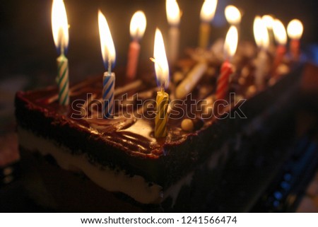 Chocolate Birthday cake with candles lit