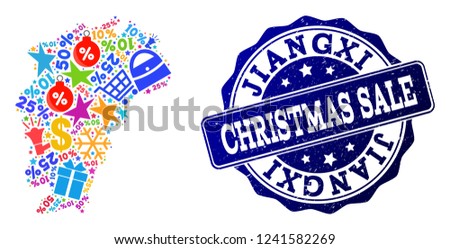 Christmas sale combination of mosaic Map of Jiangxi Province and textured stamp seal. Vector blue watermark with distress rubber texture for Christmas Sales. Flat design for shopping illustrations.