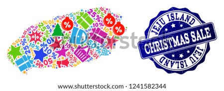Christmas sale composition of mosaic map of Korean Jeju Island and grunge seal. Vector blue seal with grunge rubber texture for Christmas Sales. Flat design for trade posters.