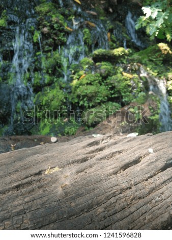 
Old wooden floor with waterfall behind