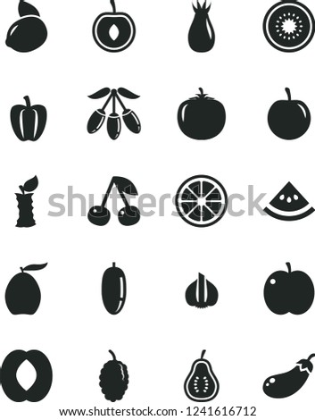 Solid Black Vector Icon Set - cherry vector, apple, rose hip, mulberry, loquat, goji berry, half peach, date fruit, tasty plum, yellow lemon, juicy, of kiwi, part guava, slice water melon, stub