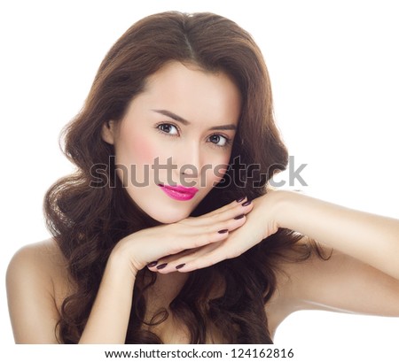 portrait of attractive  caucasian smiling woman brunette isolated on white studio shot