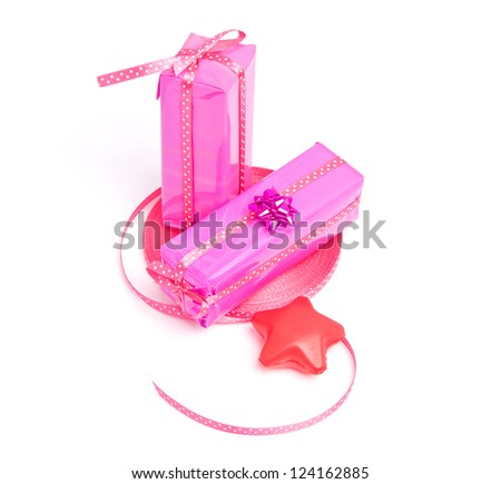 Two gift packages in pink wrapping over white