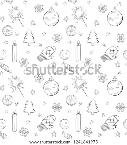 Seamless Christmas pattern, black and white vector illustration