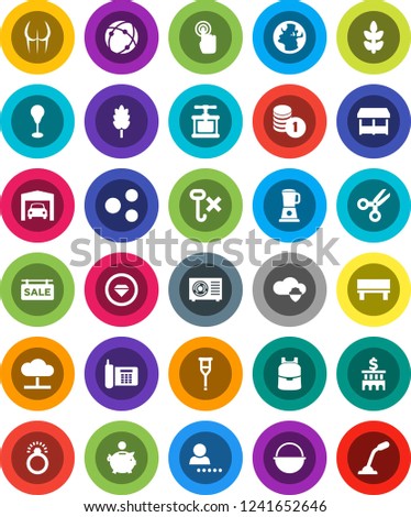 White Solid Icon Set- camping cauldron vector, cook press, cereal, backpack, scissors, piggy bank, coin stack, building, punching bag, buttocks, cereals, earth, phone, no hook, touchscreen, crutches