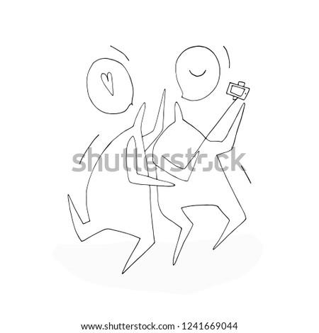 Hand paint vector outline stick figure illustration. Character people. Speech. People tourists. Heart. (Can be used as texture for cards, invitations, DIY projects, web sites)
