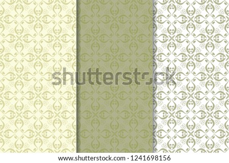 Olive green floral seamless ornaments. Set of vertical patterns for textile and wallpapers