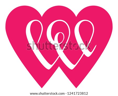 Love word lettering in shape of double hearts. Valentine day hand written design. Romantic calligraphy for wedding invitations, t-shirt prints, posters. Vector illustration. Pink graphic romance sign.