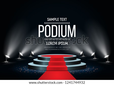 Black round podium on dark background. Empty pedestal with red carpet for award ceremony. Platform illuminated by spotlights. Vector illustration.