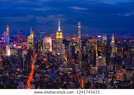 New York city with skyscrapers at dusk, NYC USA