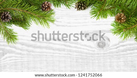 Panoramic Christmas background. Beautiful Template for design with natural pine tree branches with cones on white wood background. Wide angle Web banner or flyer with copy space. Top view. Flat lay