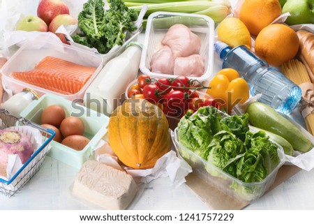 Grocery. Different health food. Grocery shopping concept. Balanced diet. Top view 