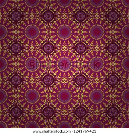 Tribal ethnic arabic, indian, turkish patern ornament. Seamless pattern with the pre-existing geometry in the drawing. Vector traditional oriental background in red, yellow and purple colors.