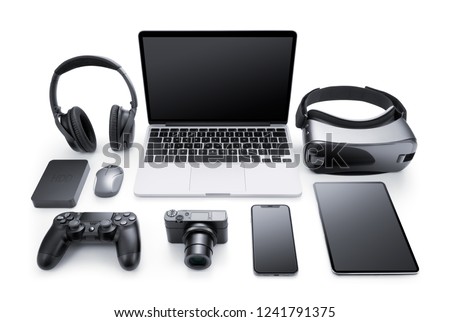 Gadgets and accessories isolated on white background Royalty-Free Stock Photo #1241791375