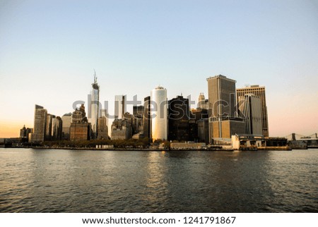Amazing view of the skyline of the south of Manhattan in New York, at sunset. Picture taken in the way to Staten Island