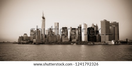 Amazing view of the skyline of the south of Manhattan in New York, at sunset. Picture taken in the way to Staten Island