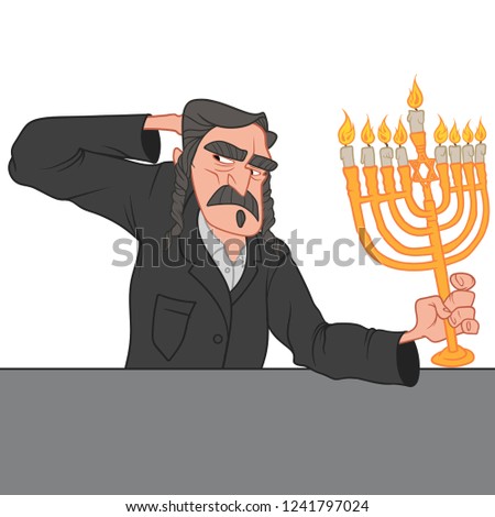 Man with mustache and jewish curls, holding the menorah