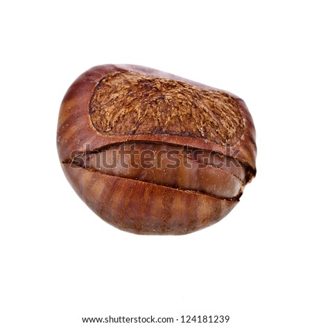 Chestnuts fruits cooked roasted unpeeled close up macro detail isolated on white background