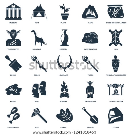 Elements Such As Stone, Shovel, Fossil, Axe, Chicken leg, Skin, Torch, Bonfire, Troglodyte, Plant, Tent icon vector illustration on white background. Universal 25 icons set.