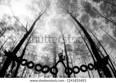 Silhouette of a man dangling/hanging from tyre bridge. Foggy environment. Extreme sport concept. Black and white. Noise and grain on photo.
