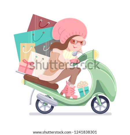 Girl riding a scooter with shopping. Pastel colors on a white isolated background.
