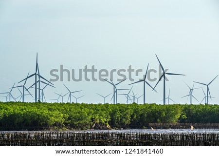 landscape with Turbine Green Energy Electricity, Windmill for electric power production, Wind turbines generating electricity on the Melaleuca forests
at  Bac Lieu, Vietnam. Clean energy concept
