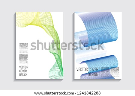 Blended covers with gradient wavy line shapes. Futuristic minimal design. Multi-colored bionic background. Modern visual effect. Repeating lines. For poster, layout, placard, grunge paper, card, book.