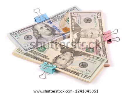 Three wads of money one hundred fifty and twenty dollars isolated on white background