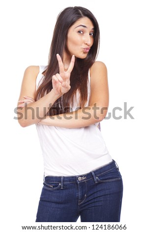 beautiful woman showing victory sign. Isolated on white background
