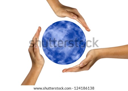 Image of planet earth while hands forming recycle symbol around it.