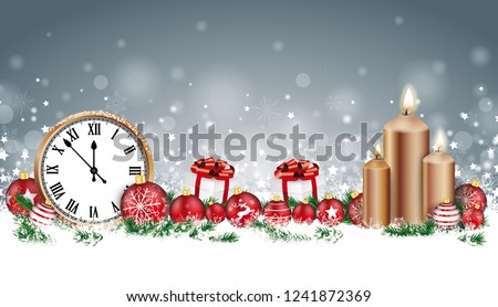 Christmas header with clock, candles, baubles, gifts and twigs in the snow. Eps 10 vector file.