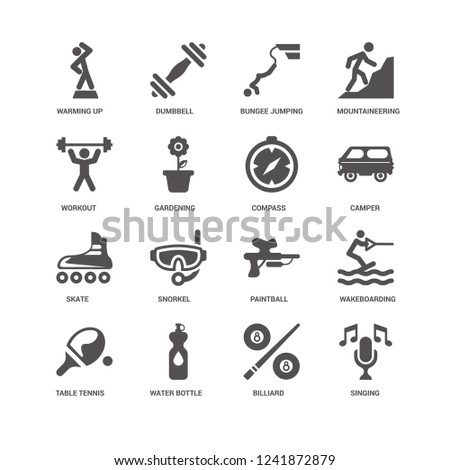 Singing, Gardening, Warming up, Dumbbell, Wakeboarding, Paintball, Snorkel, Billiard icon 16 set EPS 10 vector format. Icons optimized for both large and small resolutions.