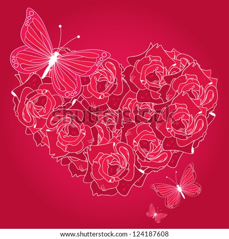Greeting card by Valentine's Day - heart from flowers and butterfly
