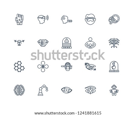 Robot, technology Tree, Unsupervised learning, Virtual reality, ai Brain, Vr glasses, Eye tap, Unmanned aerial vehicle outline vector icons from 20 set