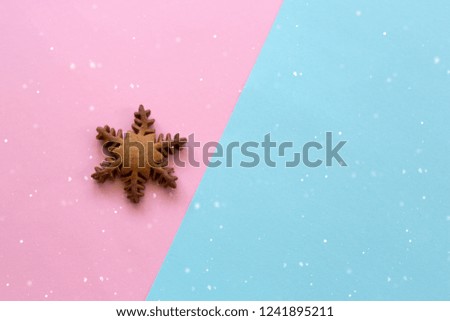 
Ginger tasty snowflake cookies on a pink and blue background.