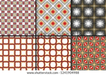 Set Of 6 Modern Geometric Stylish Texture. Vector Seamless Pattern. Print Cloth, Clothes, Banner, Cover, Card, Shirt, Website, Wrapper