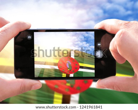The hands of men make a phone photograph of the flag of Dominica