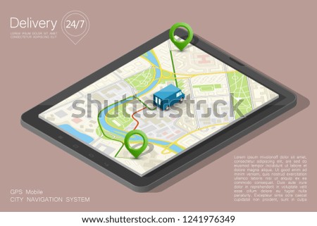 City map navigation route, phone point delivery van, vector isometric schema itinerary delivery car, city plan GPS navigation, itinerary destination arrow city map. Route delivery truck check point