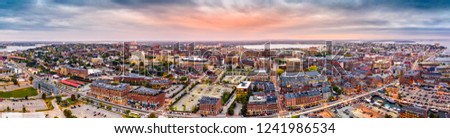 Aerial panorama of downtown Portland, Maine at dusk