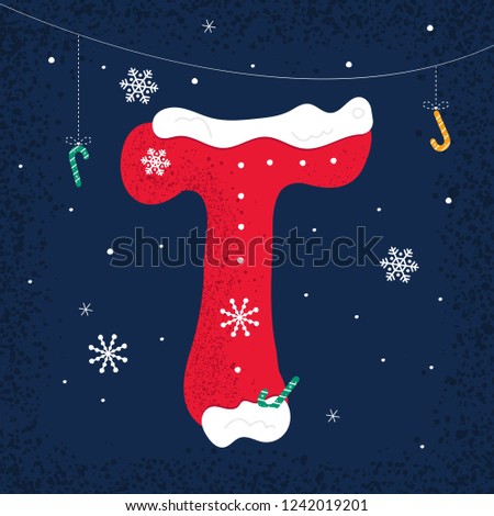 Winter Decorated Alphabet. Snow holiday letter T