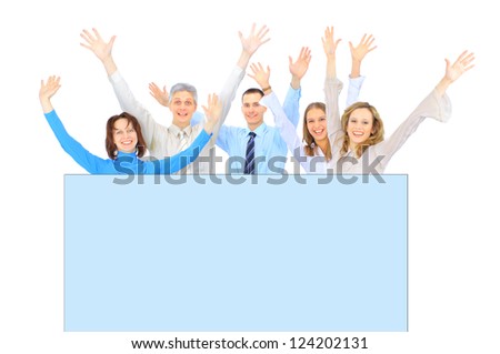 A group of business people to conduct advertising. Isolated on a white background.