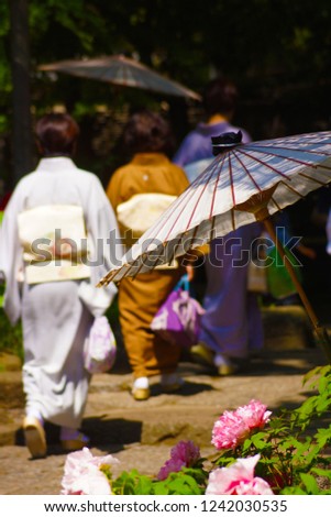 Japanese umbrella and a kimono and peony
