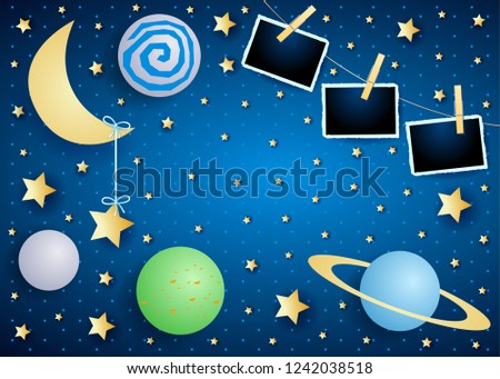 Sky by night with moon, planets and photo frames. Vector illustration eps10