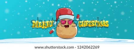 vector funky cartoon smiling santa claus potato with red santa hat, falling snow and calligraphic christmas text on horizontal azure background with blur and lights. Horizontal christmas banner 
