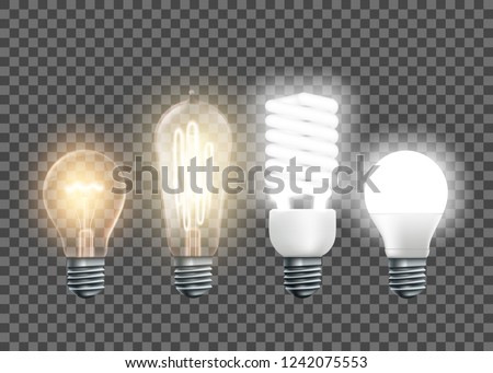 Set of electric lamps, tungsten, Edison, fluorescent and led. Isolated on a transparent background. Vector illustration. Royalty-Free Stock Photo #1242075553