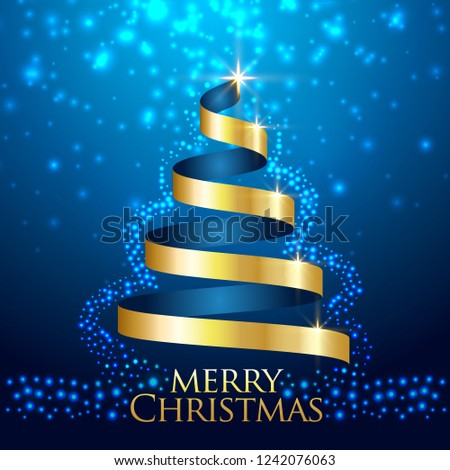 2019 New Year/Christmas 3d template, used for a banner, blue background full of falling snowflakes, bright lights, abstract fur tree made of golden ribbon, vector illustration realistic