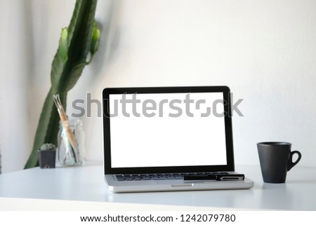 Workplace mockup concept. Mock up home decor laptop computer and cactus with copy space for products display montage.Mockup desktop