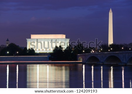 Washington DC skyline view with Lincoln Memorial, Washington Monument and Memorial Bridge on Potomac River at night