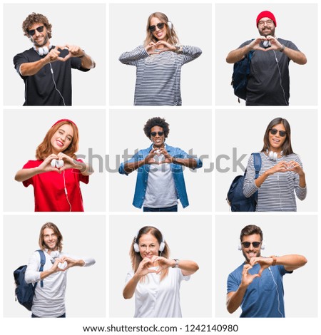 Collage of group of people wearing backpack and headphones over isolated background smiling in love showing heart symbol and shape with hands. Romantic concept.