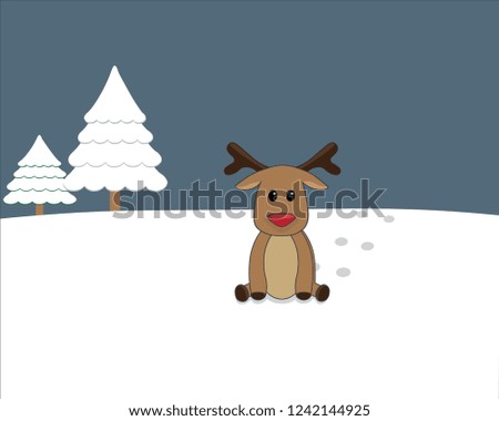 Illustration of a baby, red-nosed reindeer sitting in the snow